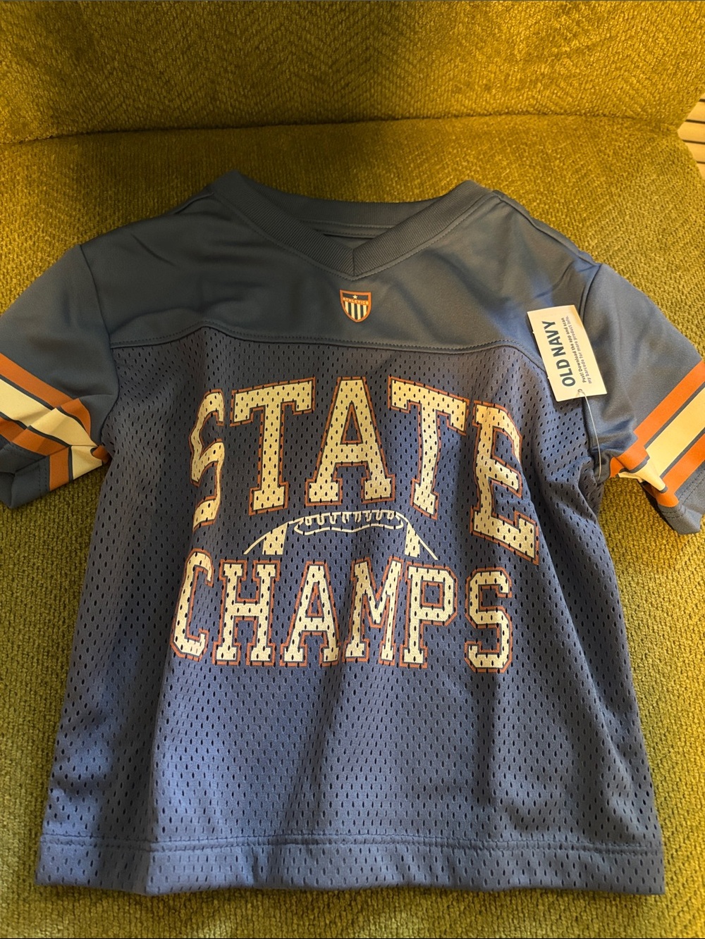 Old Navy Blue 'State Champs' Jersey with Orange & White Stripes